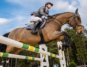A show jumper riding a horse jumping over a fence
