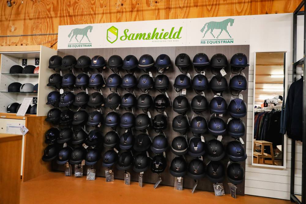 RB Equestrian's wall of Samshield Riding Helmets