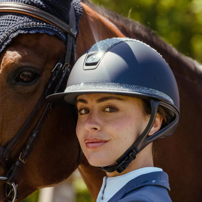 A rider wearing a Samshield riding helmet
