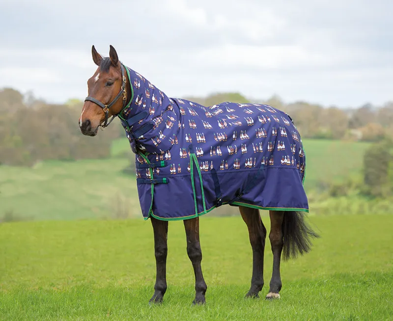 Bridleway Ontario Combo Mediumweight Turnout Rug in Hunter Duck Print-1