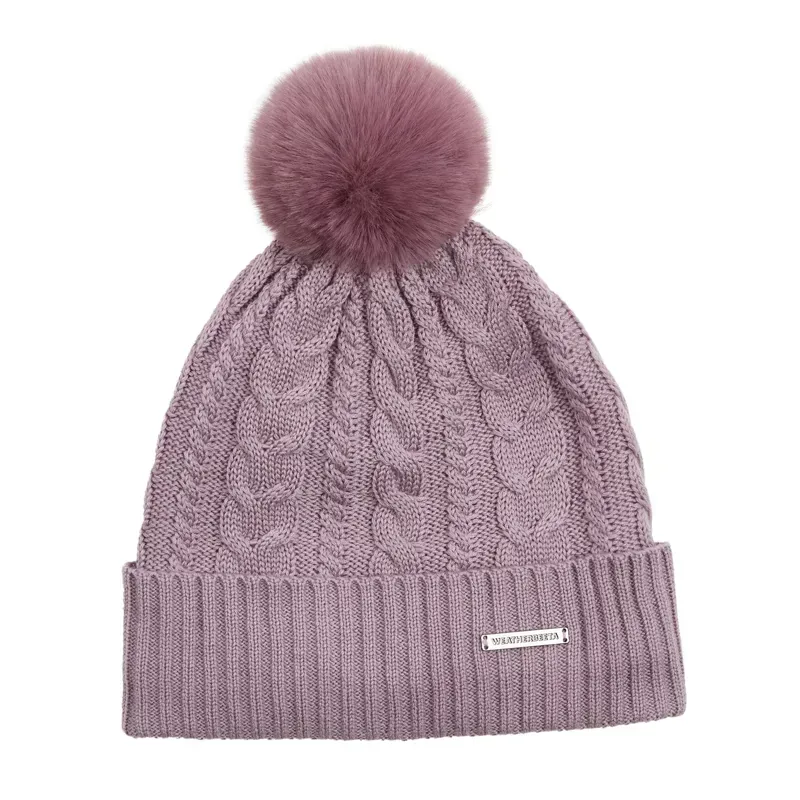 Weatherbeeta Cable Knit Pom Pom Beanie in Dark Dusty Mauve