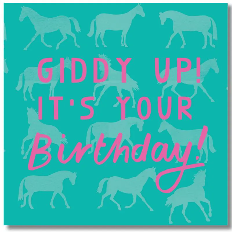 Gubblecote Greetings Card Giddy Up its your Birthday in Green and Pink 
