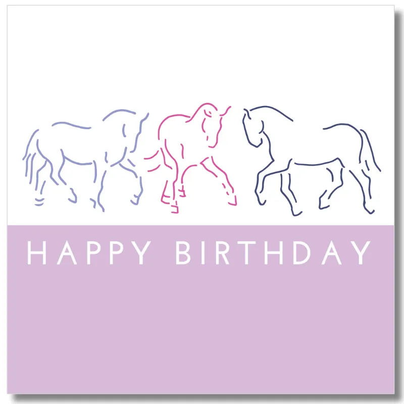 Gubblecote Greetings Card Happy Birthday Trio of Horses in Pink and Purple