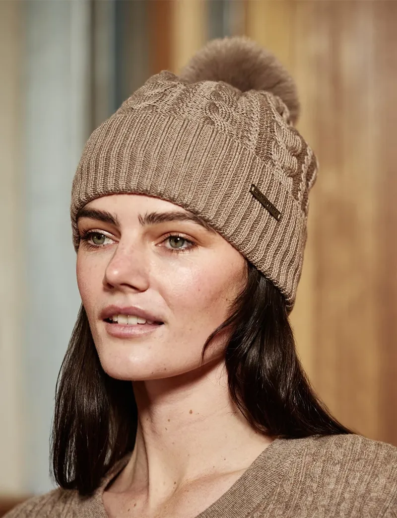 Weatherbeeta Cable Knit Pom Pom Beanie in Dark Taupe-1