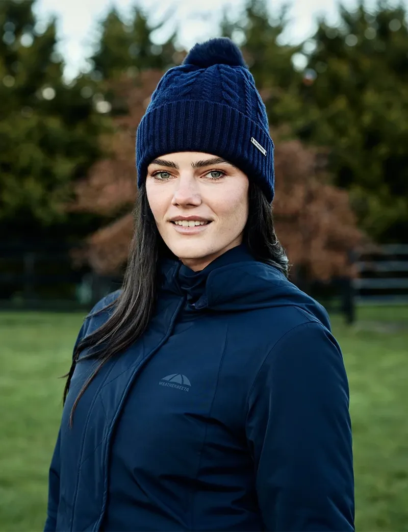Weatherbeeta Cable Knit Pom Pom Beanie in Navy-1