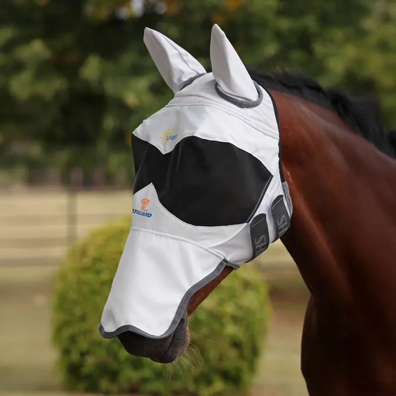 Shires FlyGuard Pro Sun Shade Fly Mask Ears and Square Nose - White