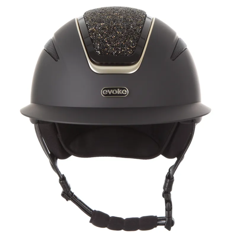 evoke Callisto Wide Peak Riding Hat in Black with Gold Crystals