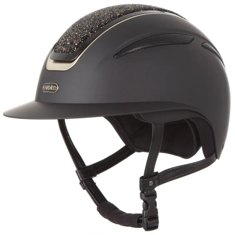 evoke Callisto Wide Peak Riding Hat in Black with Gold Crystals-1