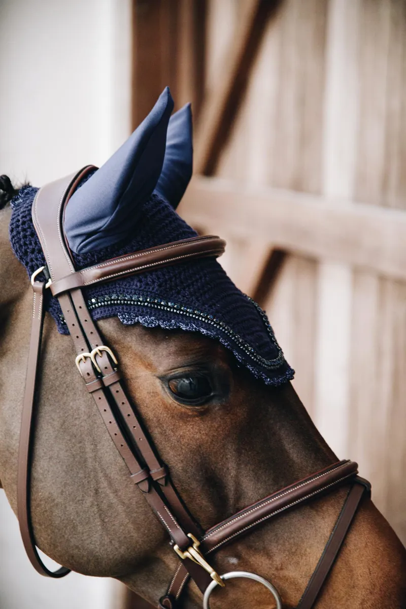 Kentucky Wellington Fly Veil with Stone and Pearls in Dark Navy-2