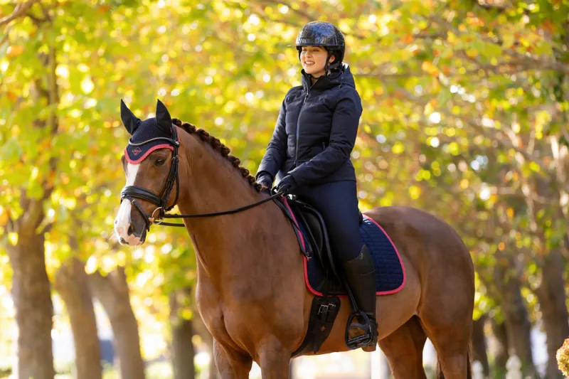 LeMieux Classic Suede Dressage Square in Navy and Cranberry-5