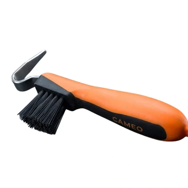 Cameo Equine Hoof Pick with Brush in Black and Orange