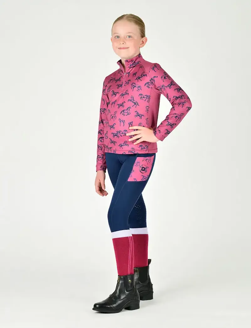 Dublin Autumn Sally Long Sleeve Top Kids in Red Violet Frolicking Horses-1