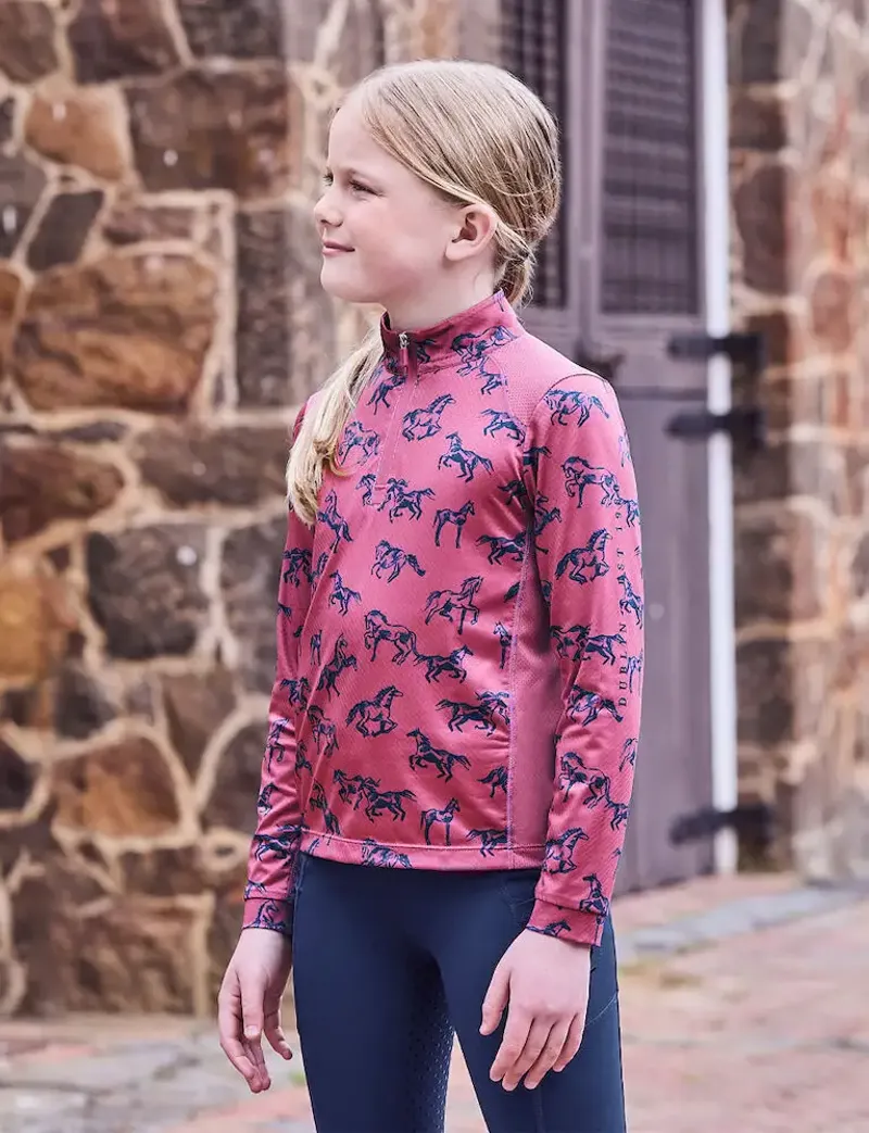 Dublin Autumn Sally Long Sleeve Top Kids in Red Violet Frolicking Horses-3