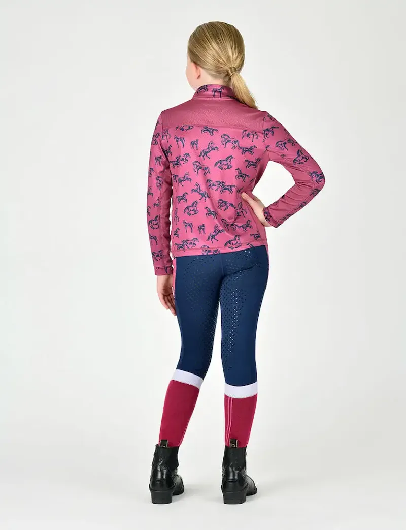 Dublin Autumn Sally Long Sleeve Top Kids in Red Violet Frolicking Horses-2