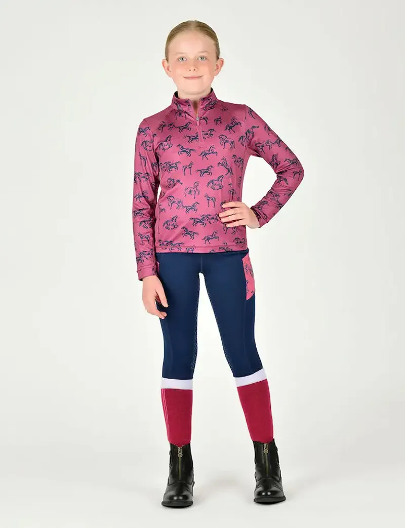 Dublin Autumn Sally Long Sleeve Top Kids in Red Violet Frolicking Horses