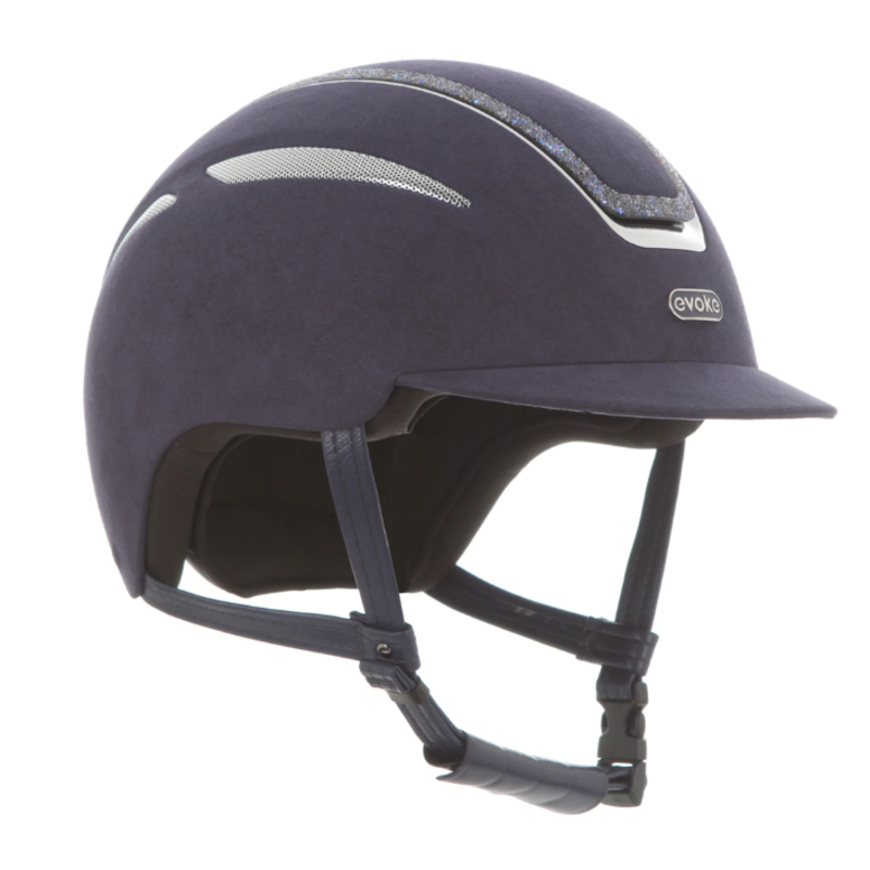 evoke Callisto Classic Peak Riding Hat in Blue Suede with Crystal Frame-4