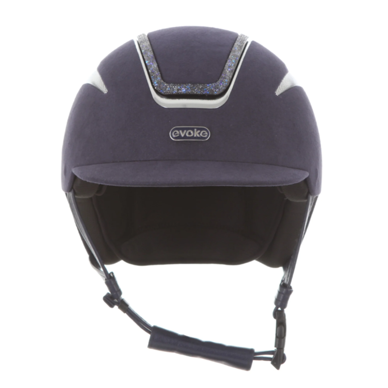 evoke Callisto Classic Peak Riding Hat in Blue Suede with Crystal Frame