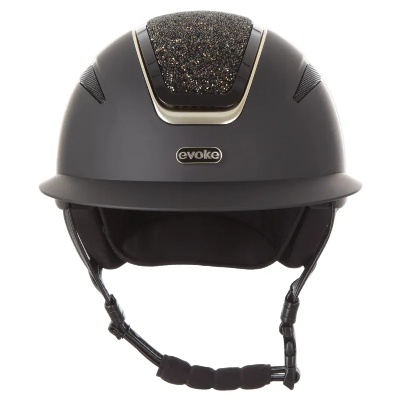 Evoke Callisto Wide Peak Riding Hat in Black with Gold Crystals