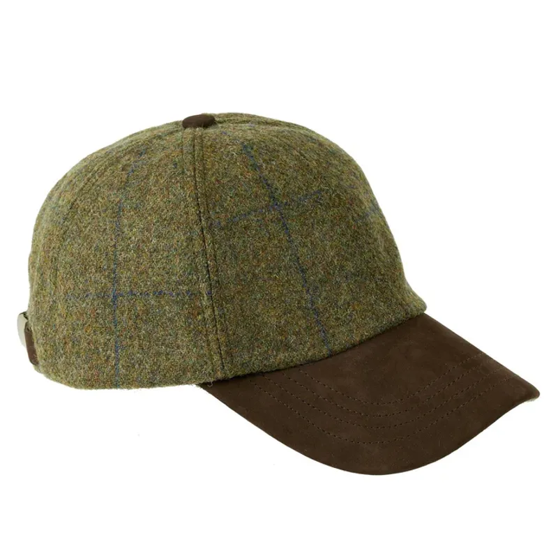 Tyndrum British Tweed Leather Peak Baseball Cap in Navy Overcheck