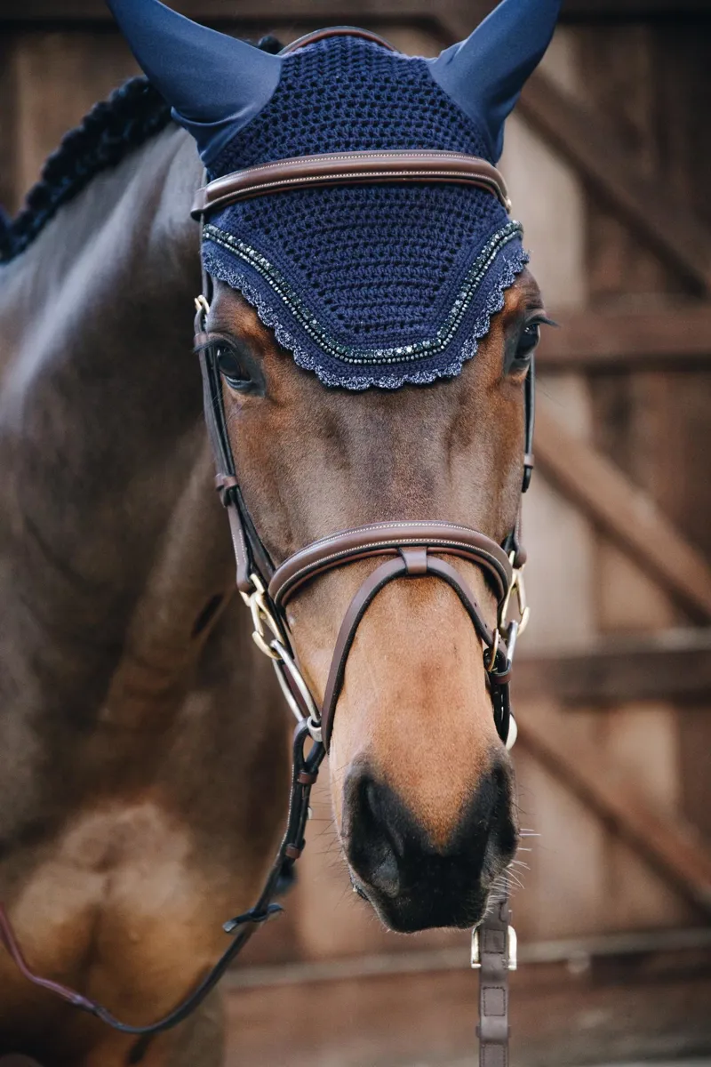 Kentucky Wellington Fly Veil with Stone and Pearls in Dark Navy-2