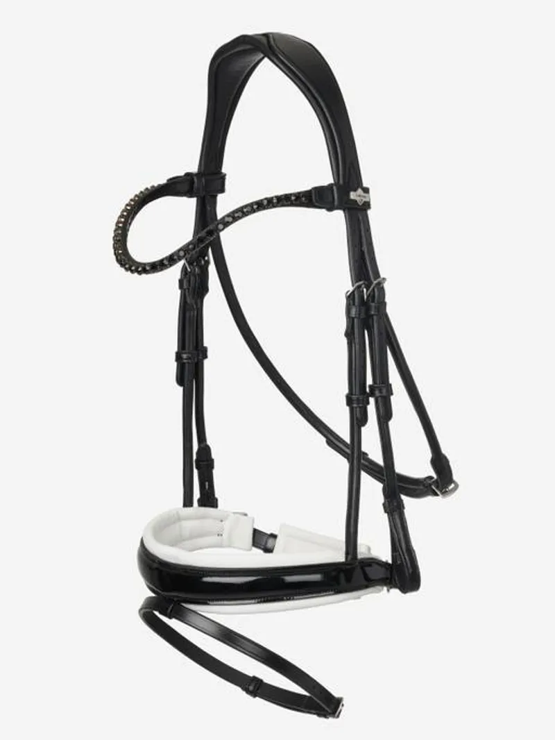LeMieux Kudos Patent Dressage Bridle in Black and White-2