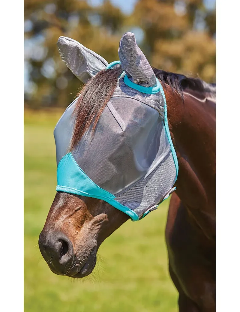Weatherbeeta ComFiTec Deluxe Mesh Mask With Ears in Grey and Turquoise
