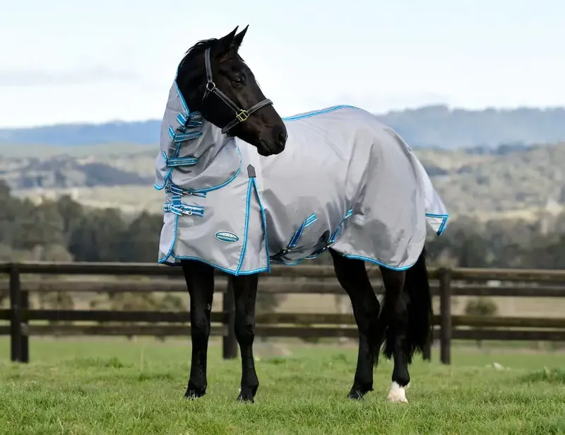 Weatherbeeta Comfitec Hexi Shield Combo Fly Rug in Silver and Teal Blue-11