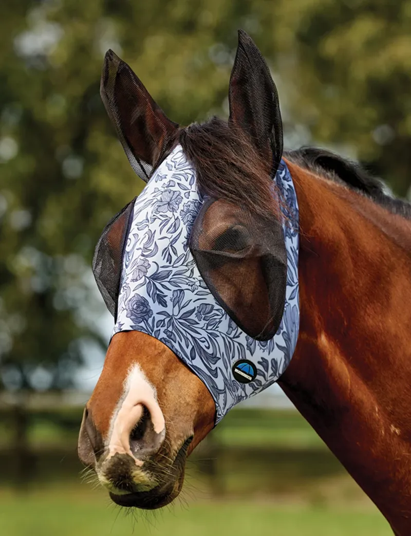 Weatherbeeta ComFiTec Deluxe Stretch Fly Mask in Navy Floral Print